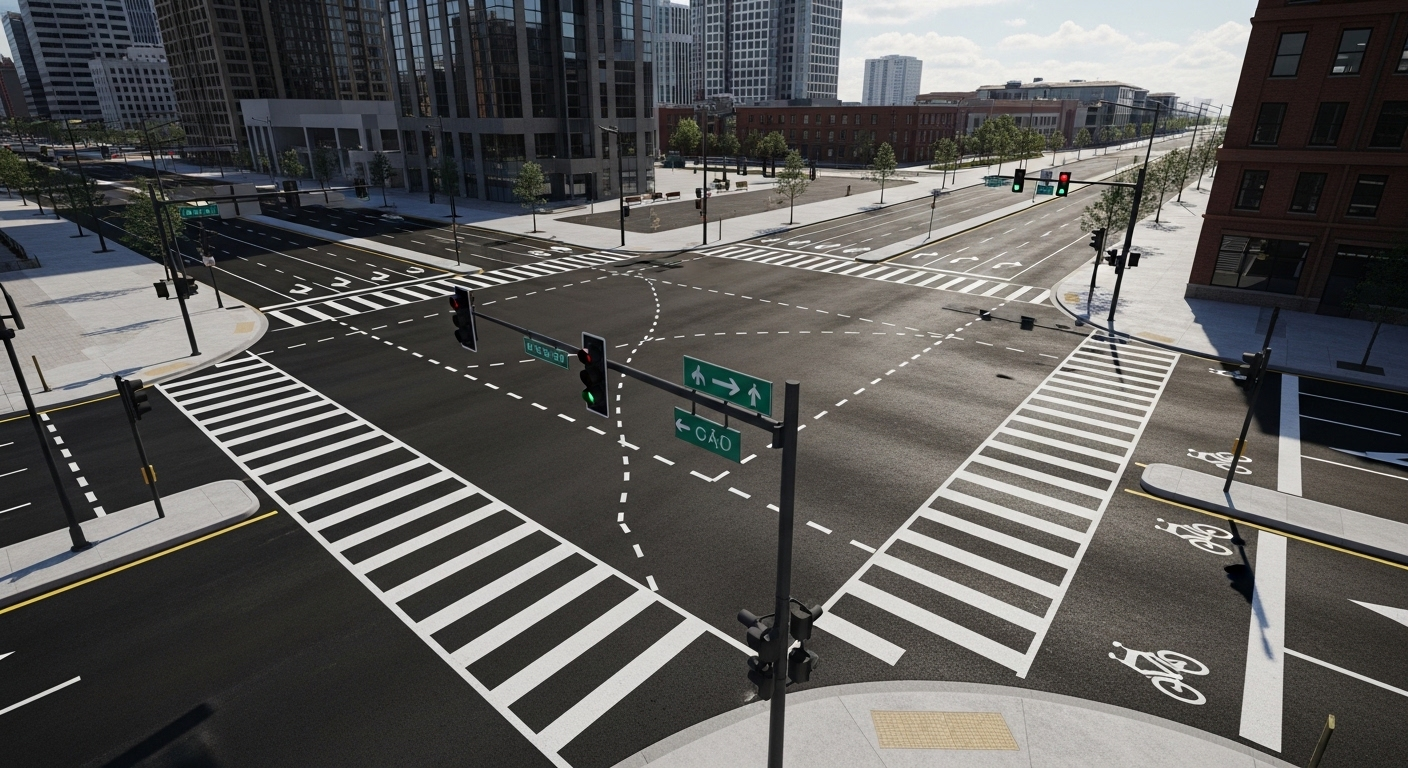 Giao lộ đô thị nhìn từ trên cao, vạch kẻ đường, vạch đi bộ và đèn tín hiệu giao thông xanh rõ ràng, minh họa quy tắc quan trọng cho thi lý thuyết lái xe B1.