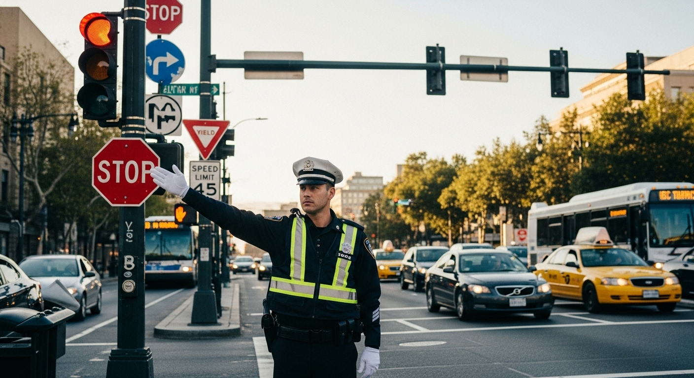 Cảnh sát giao thông điều tiết xe tại ngã tư đô thị đông đúc, có đèn đỏ và nhiều biển báo. Hình ảnh thực tế minh họa các quy tắc cốt yếu cần nắm vững cho các mẹo thi lý thuyết GPLX.