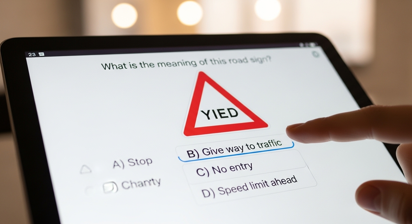 Cận cảnh màn hình máy tính bảng hiển thị câu hỏi trắc nghiệm từ ứng dụng ôn thi lý thuyết lái xe, minh họa việc thực hành các mẹo học lý thuyết lái xe ô tô hạng B hiệu quả.