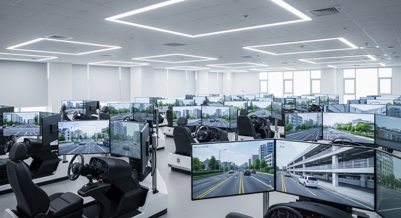 Cơ sở đào tạo lái xe hiện đại với nhiều cabin học lái xe ô tô mô phỏng tiên tiến, hiển thị các tình huống đường phố và bãi đỗ xe thực tế, tạo môi trường học tập chuyên nghiệp, công nghệ cao. Cơ sở đào tạo lái xe hiện đại với nhiều cabin học lái xe ô tô mô phỏng tiên tiến, hiển thị các tình huống đường phố và bãi đỗ xe thực tế, tạo môi trường học tập chuyên nghiệp, công nghệ cao.