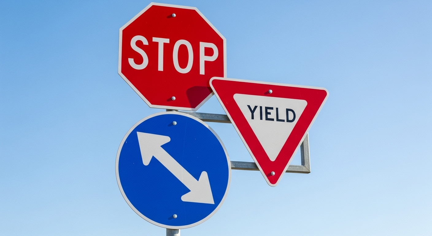 Ba biển báo giao thông cơ bản (DỪNG, NHƯỜNG ĐƯỜNG, mũi tên chỉ hướng) trên cột dưới trời xanh, kiến thức thiết yếu cho các mẹo học bằng lái xe máy hiệu quả.