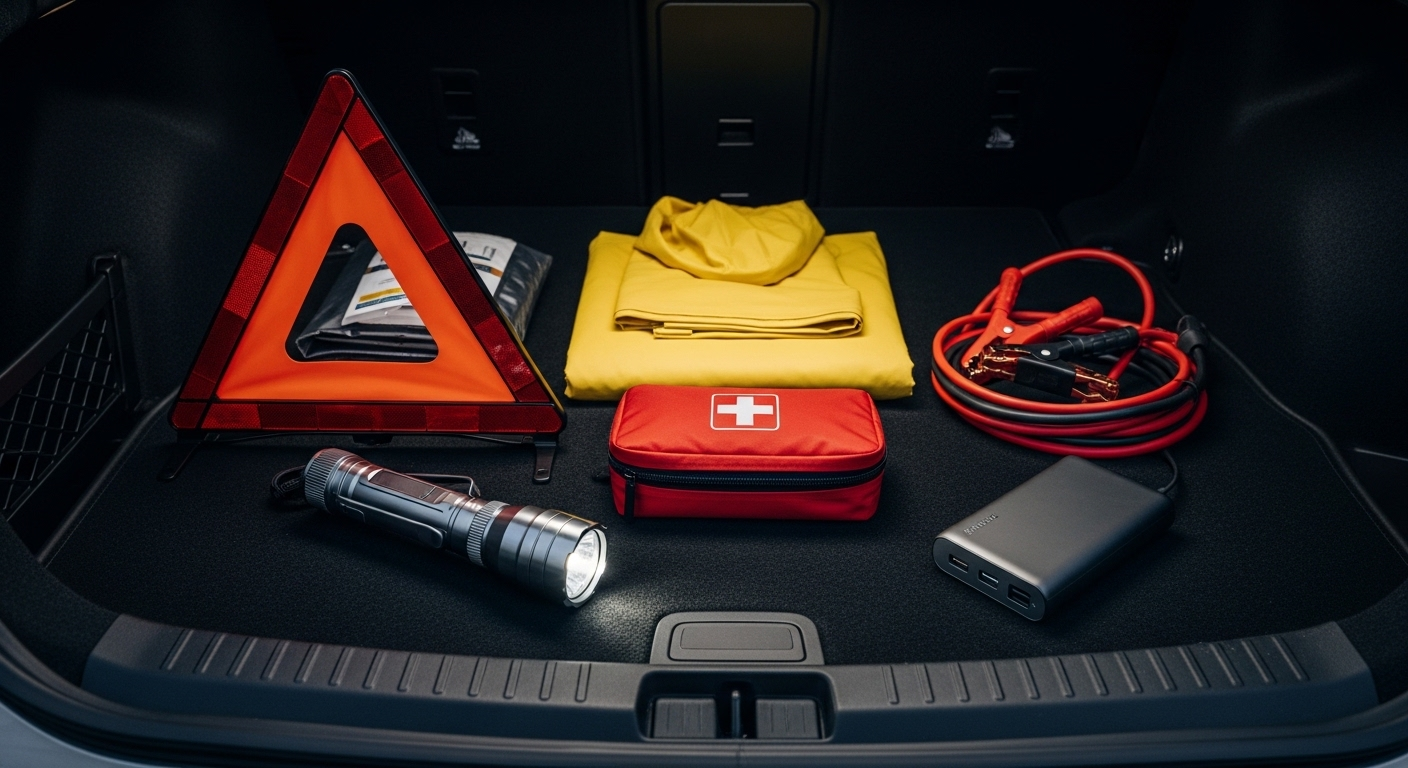 Bộ dụng cụ khẩn cấp được sắp xếp gọn gàng trong cốp xe, gồm áo mưa, đèn pin LED, tam giác cảnh báo và bộ sơ cứu, thể hiện sự chuẩn bị kỹ lưỡng cho mọi hành trình và nâng cao kinh nghiệm lái xe trời mưa an toàn.