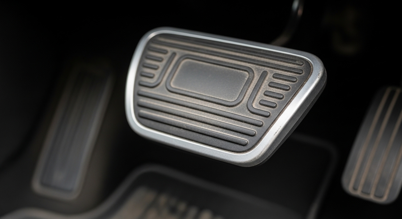 Cận cảnh bàn đạp ga ô tô cũ với bề mặt cao su sần, cho thấy độ mòn tự nhiên, đều đặn. Đây là một chi tiết quan trọng cần xem xét khi áp dụng mẹo tránh mua xe ô tô cũ bị tua công tơ mét.