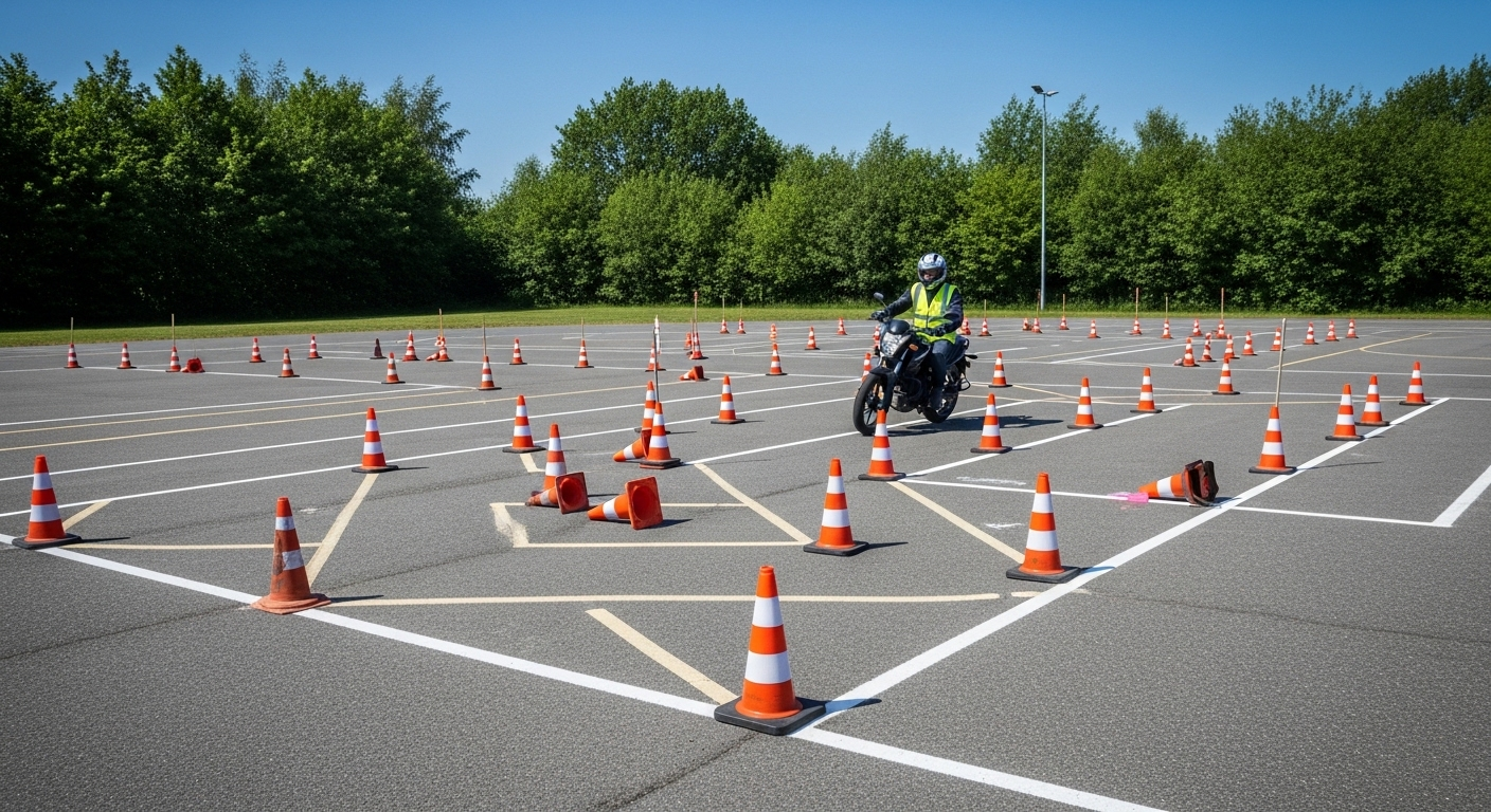 Ảnh chụp từ trên cao một chiếc xe máy đang thực hiện bài thi sát hạch thực hành để lấy giấy phép lái xe, vượt qua sa hình với cọc tiêu và vạch kẻ đường.