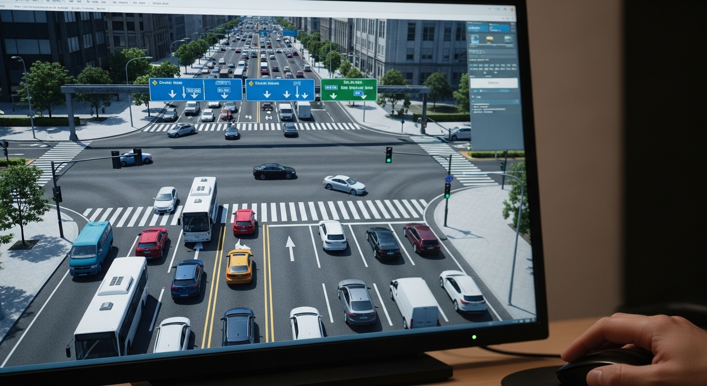 Màn hình máy tính hiển thị mô phỏng giao thông đường phố sống động, với xe cộ và biển báo rõ ràng. Một tay đang tương tác chuột, hỗ trợ ôn luyện kiến thức lái xe và quy trình thay đổi bằng lái xe ô tô 2022. Màn hình máy tính hiển thị mô phỏng giao thông đường phố sống động, với xe cộ và biển báo rõ ràng. Một tay đang tương tác chuột, hỗ trợ ôn luyện kiến thức lái xe và quy trình thay đổi bằng lái xe ô tô 2022.