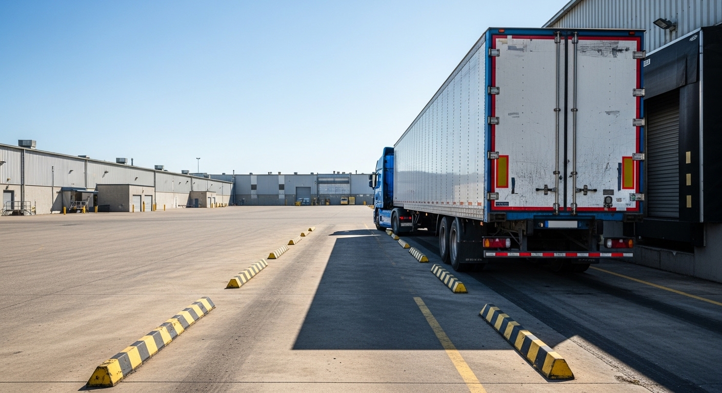 Xe đầu kéo màu xanh dương và rơ-moóc dài đậu ở bến xếp dỡ công nghiệp. Loại xe tải nặng này không thuộc nhóm phương tiện mà bằng lái xe B1 B2 C lái được xe gì.