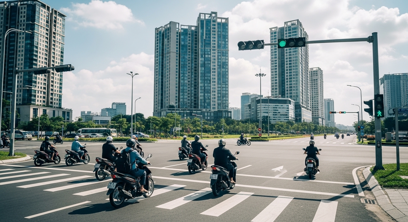 Cảnh giao thông đô thị trật tự tại ngã tư, xe máy và ô tô tuân thủ đèn xanh, tài xế đội mũ bảo hiểm. Hình ảnh minh họa tầm quan trọng của việc nắm vững mẹo thi lý thuyết bằng lái xe máy A1 để lái xe an toàn.