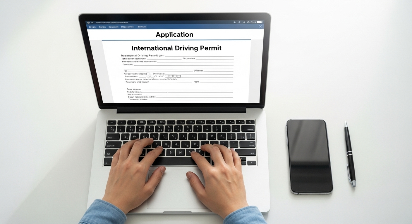 Tay người đang gõ trên laptop, màn hình hiển thị mẫu đơn đăng ký đổi bằng lái xe quốc tế IAA trực tuyến. Bàn làm việc hiện đại với điện thoại, cho thấy quy trình nộp hồ sơ kỹ thuật số tiện lợi.