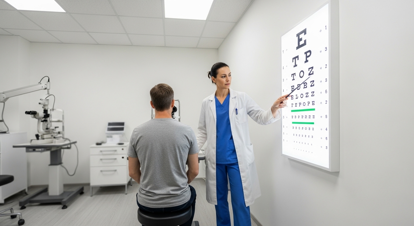 Bác sĩ khám mắt cho bệnh nhân trong phòng khám sạch sẽ, kiểm tra thị lực cần thiết cho hồ sơ thi bằng lái xe B2. Đây là bước quan trọng đầu tiên khi bạn đang tìm hiểu học bằng lái xe B2 bao nhiêu tiền.