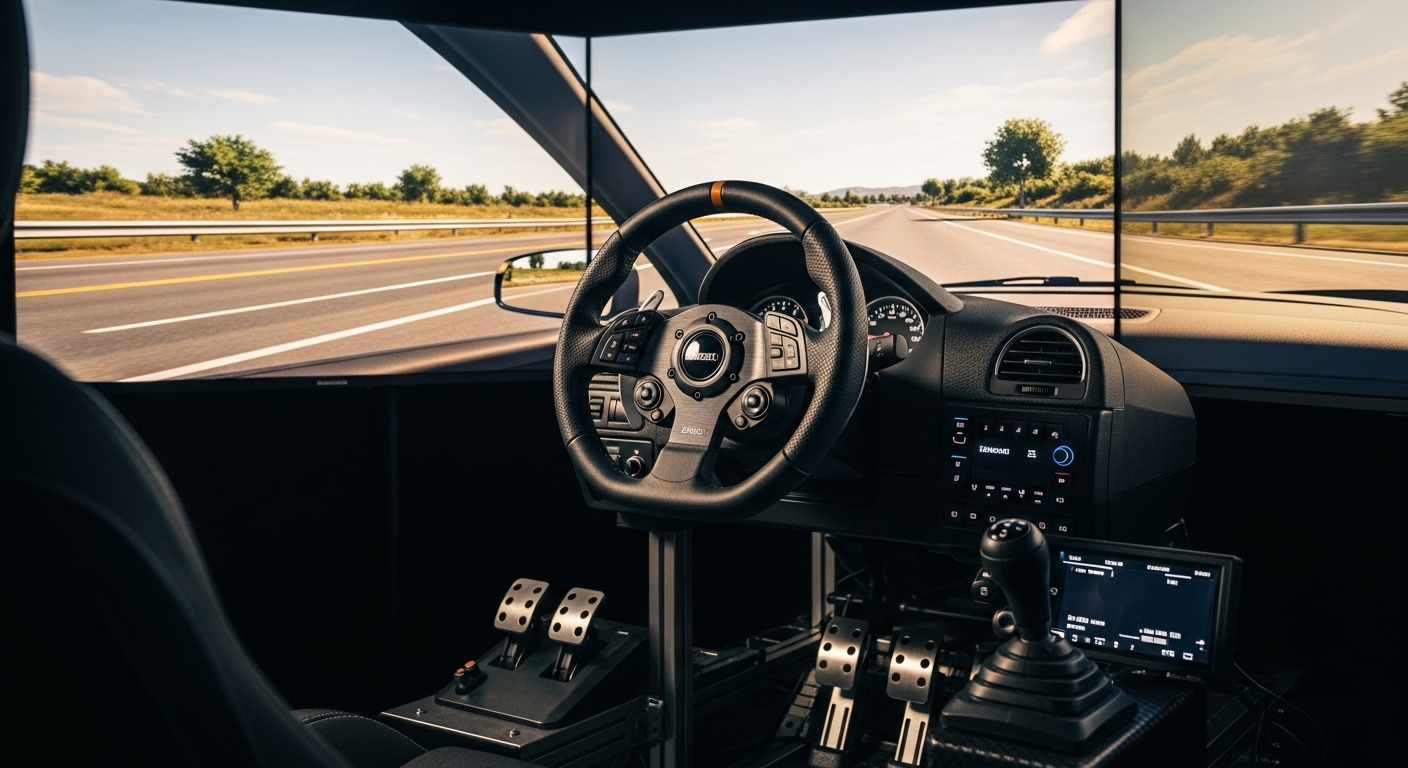 Cabin mô phỏng lái xe hiện đại với vô lăng, bàn đạp và màn hình cong lớn hiển thị đường phố ảo chân thực, là công cụ hiệu quả cho những ai đang tìm hiểu học bằng lái xe B1 bao nhiêu tiền và chuẩn bị cho kỳ thi.