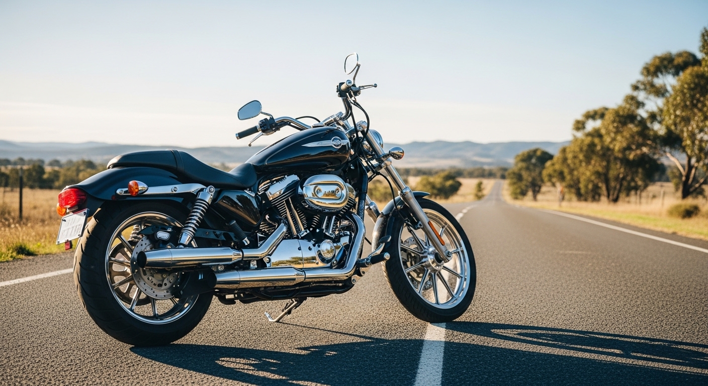 Xe mô tô phân khối lớn sơn đen bóng, chrome sáng choang đậu uy nghi trên con đường vắng giữa khung cảnh thiên nhiên thanh bình, phản chiếu ánh nắng. Hình ảnh này thường khiến nhiều người quan tâm tìm hiểu bằng lái xe A1 A2 chạy được xe gì.