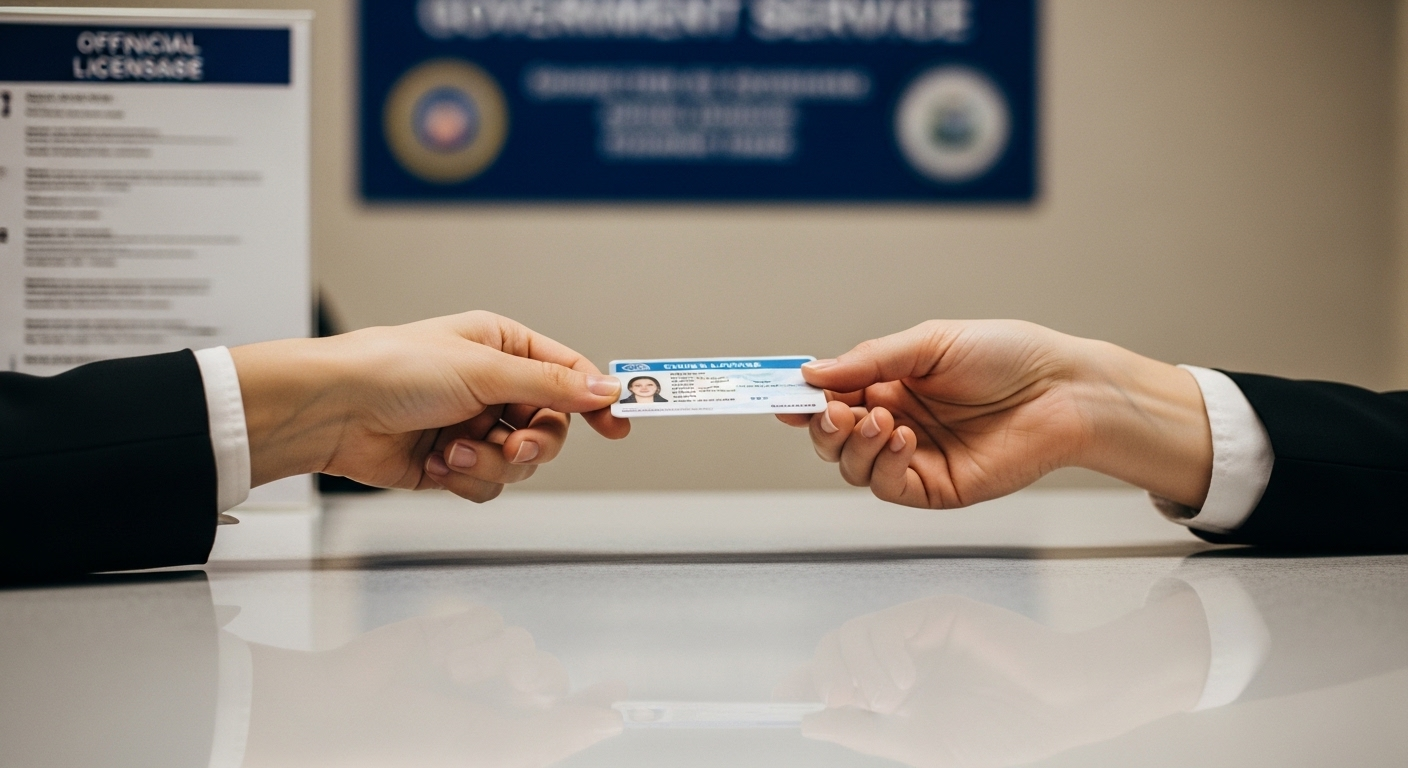 Ảnh giao dịch tại quầy dịch vụ công, bàn tay trao bằng lái xe. Hình ảnh quy trình nộp hồ sơ để đổi hoặc gia hạn bằng lái xe, theo đúng thời hạn đổi bằng lái xe.