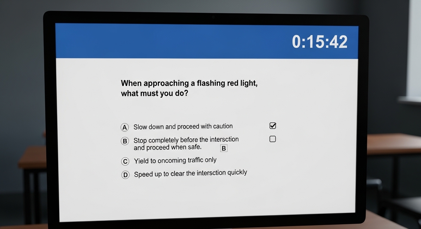 Màn hình máy tính hiển thị giao diện thi lý thuyết bằng lái xe máy A1, với câu hỏi luật giao thông trắc nghiệm và đồng hồ đếm ngược, cung cấp góc nhìn thực tế về quá trình ôn luyện mẹo thi lý thuyết bằng lái xe máy A1.