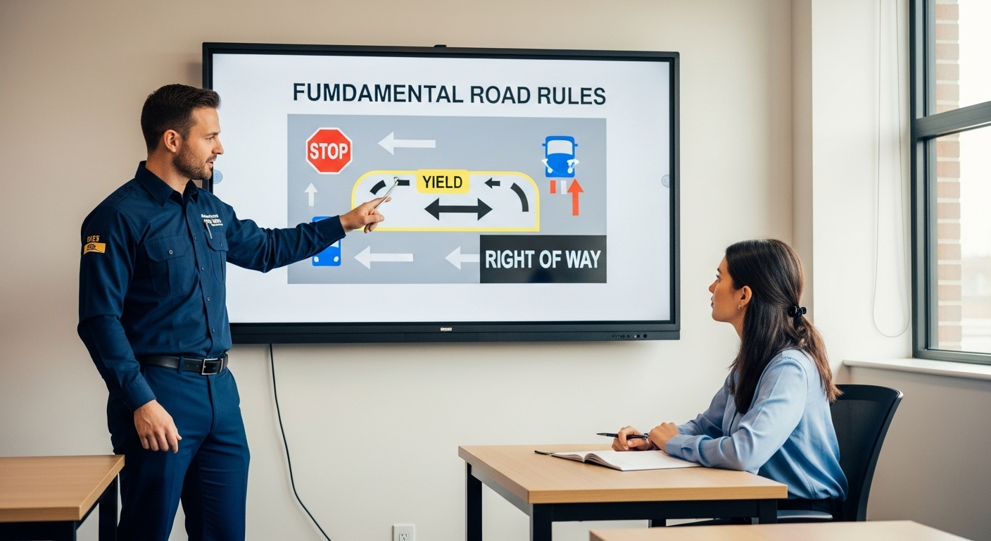 Giáo viên dạy lái xe chuyên nghiệp đang hướng dẫn học viên qua sơ đồ luật giao thông và quyền ưu tiên trên màn hình kỹ thuật số, kiến thức cốt lõi để vượt qua bộ đề thi sát hạch lái xe ô tô 600 câu.