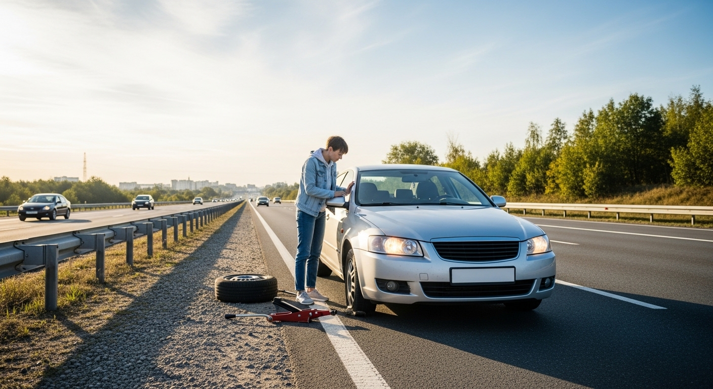 Xe ô tô bạc bị xẹp lốp trên lề đường cao tốc, tài xế đang kiểm tra, đèn hazard nhấp nháy. Đây là một trong những tình huống thực tế cần kiến thức từ 60 câu hỏi điểm liệt lái xe ô tô. Xe ô tô bạc bị xẹp lốp trên lề đường cao tốc, tài xế đang kiểm tra, đèn hazard nhấp nháy. Đây là một trong những tình huống thực tế cần kiến thức từ 60 câu hỏi điểm liệt lái xe ô tô.