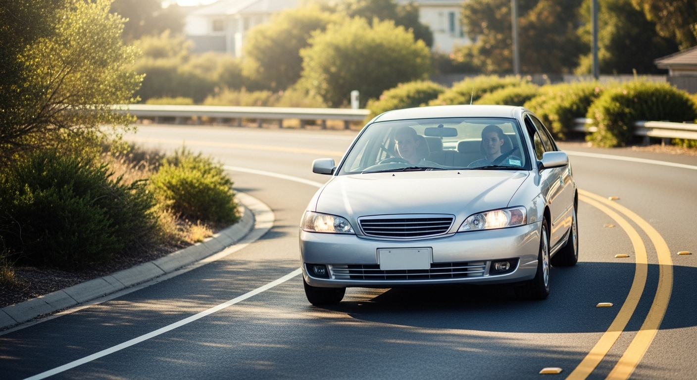 Xe sedan bạc đang lái trên đường có vạch kẻ rõ ràng trong bài thi sát hạch lái xe ô tô, yêu cầu nhiều kỹ năng như điểm đậu sát hạch lái xe ô tô.