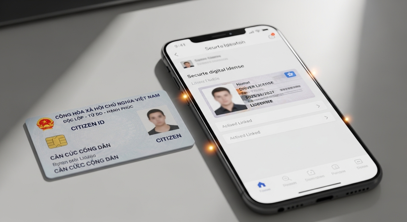 Thẻ Căn cước công dân gắn chip hiện đại và điện thoại thông minh hiển thị ứng dụng định danh điện tử với thông tin giấy phép lái xe, đây là công cụ tiện lợi cho việc quản lý thông tin, bao gồm cả quy trình thay đổi hạng giấy phép lái xe 2025.
