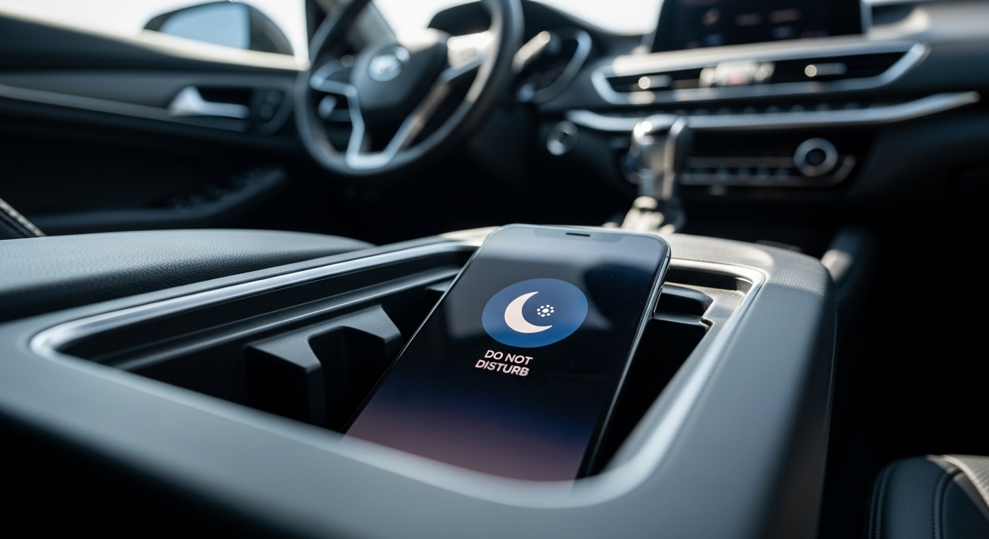 Điện thoại ở chế độ Không làm phiền, đặt gọn gàng trong hộc console ô tô, giúp tập trung tối đa vào tay lái.