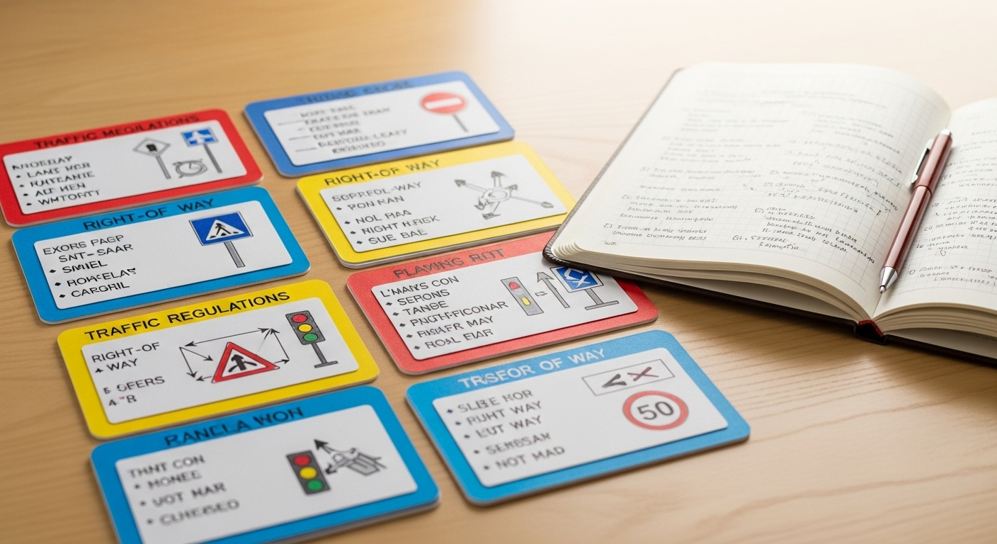 Bộ thẻ học và sổ tay đầy ghi chú, sơ đồ luật giao thông trên bàn gỗ sáng. Chuẩn bị hiệu quả với các mẹo thi lý thuyết bằng lái xe 2025. Bộ thẻ học và sổ tay đầy ghi chú, sơ đồ luật giao thông trên bàn gỗ sáng. Chuẩn bị hiệu quả với các mẹo thi lý thuyết bằng lái xe 2025.