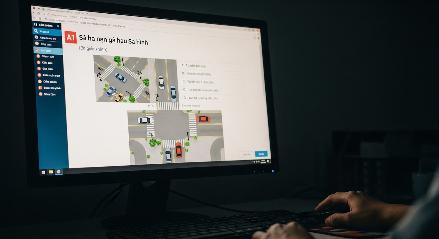 Màn hình máy tính hiển thị giao diện bài thi lý thuyết lái xe A1 với câu hỏi sa hình về tình huống giao thông, và một bàn tay trên chuột, minh họa việc ôn luyện các mẹo thi bằng lái xe A1 hiệu quả.