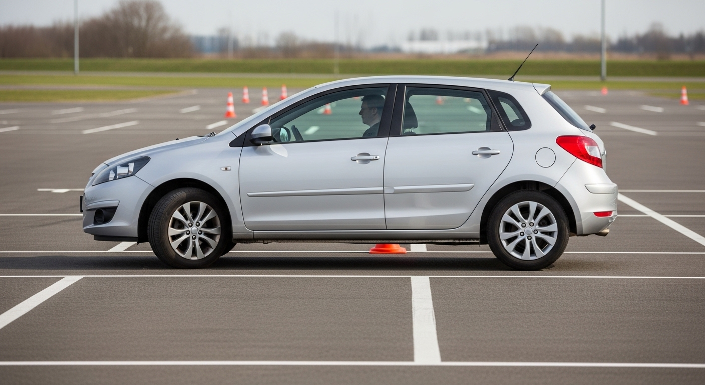 Hình ảnh xe ô tô hatchback bạc đang ghép xe vào chuồng chính xác trên sa hình, minh họa các mẹo thi sát hạch sa hình lái xe ô tô giúp căn chỉnh chuẩn vạch.