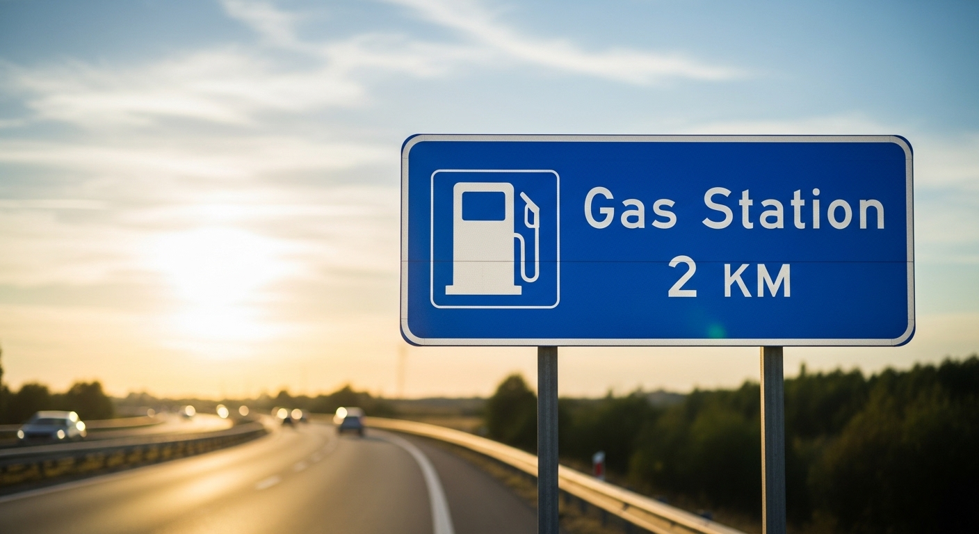 Một trong các loại biển báo giao thông đường bộ ở Việt Nam là biển chỉ dẫn trạm xăng màu xanh hình chữ nhật, hiển thị biểu tượng cây xăng màu trắng và chữ 'Gas Station 2 KM', nhìn từ góc tài xế trên đường cao tốc.