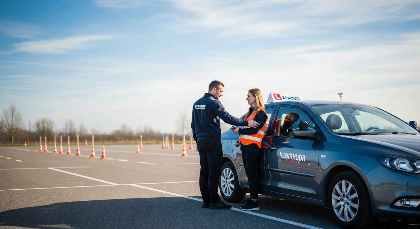 Giáo viên kinh nghiệm bình tĩnh hướng dẫn học viên chăm chú về bảng điều khiển xe tập lái hiện đại tại sân, củng cố kiến thức thực hành quan trọng cho 100 câu điểm liệt lý thuyết lái xe ô tô.