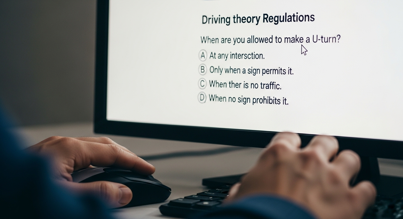 Tay người đang dùng chuột làm bài thi trắc nghiệm lý thuyết lái xe trực tuyến trên màn hình máy tính, gợi ý các mẹo học lý thuyết lái xe hiệu quả.