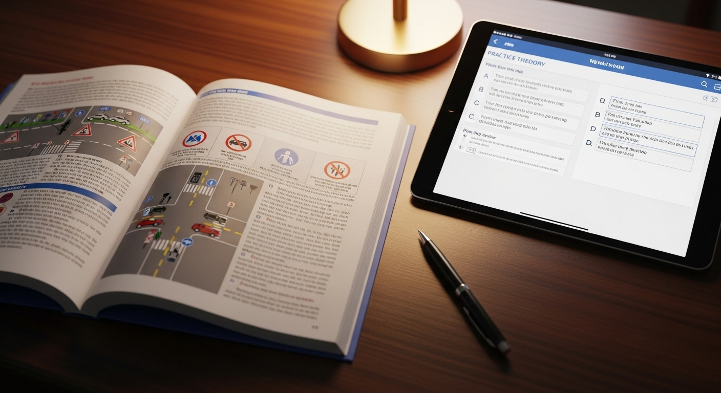 Sách luật giao thông Việt Nam và máy tính bảng luyện thi lý thuyết, công cụ học tập thiết yếu cho học viên của trường dạy lái xe ô tô B2 TpHCM.