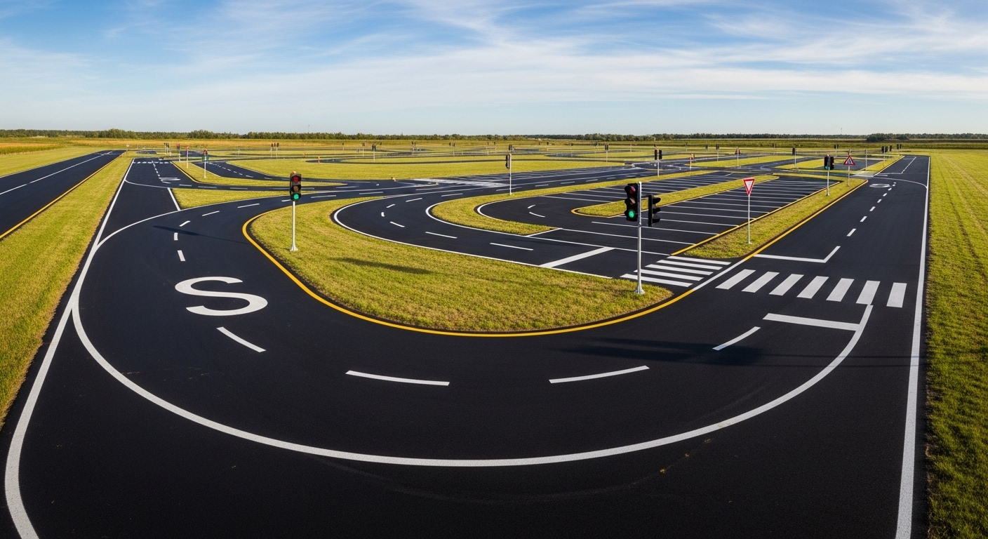 Toàn cảnh sân sát hạch lái xe trống trải, được bảo trì tốt dưới bầu trời xanh trong, với các khu vực riêng biệt như đường chữ S, ghép xe, đèn tín hiệu, vạch đi bộ, phục vụ hiệu quả cho bổ túc tay lái sa hình. Toàn cảnh sân sát hạch lái xe trống trải, được bảo trì tốt dưới bầu trời xanh trong, với các khu vực riêng biệt như đường chữ S, ghép xe, đèn tín hiệu, vạch đi bộ, phục vụ hiệu quả cho bổ túc tay lái sa hình.