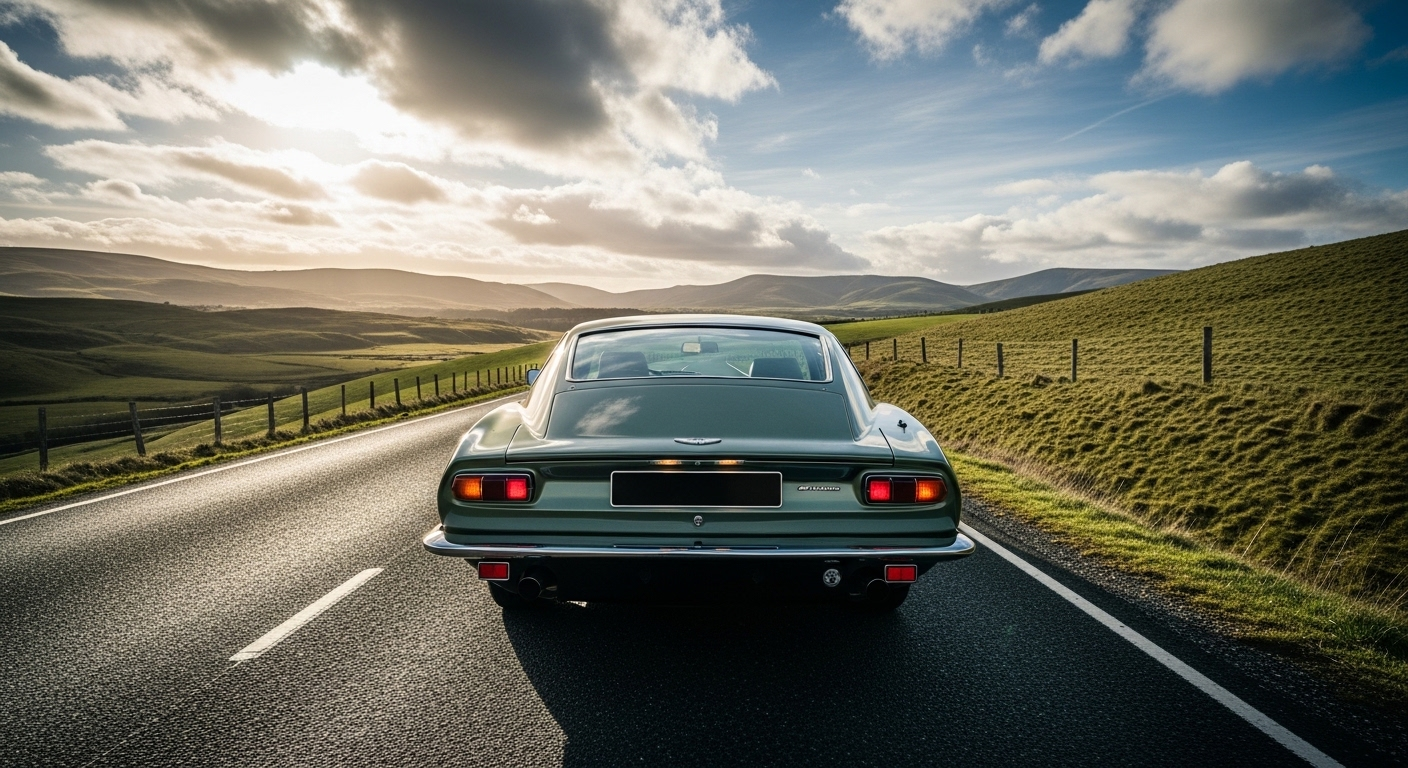 Xe ô tô chạy trên đường đèo uốn lượn qua đồi xanh, bầu trời trong xanh, cảnh đẹp lý tưởng cho bổ túc tay lái đường trường.