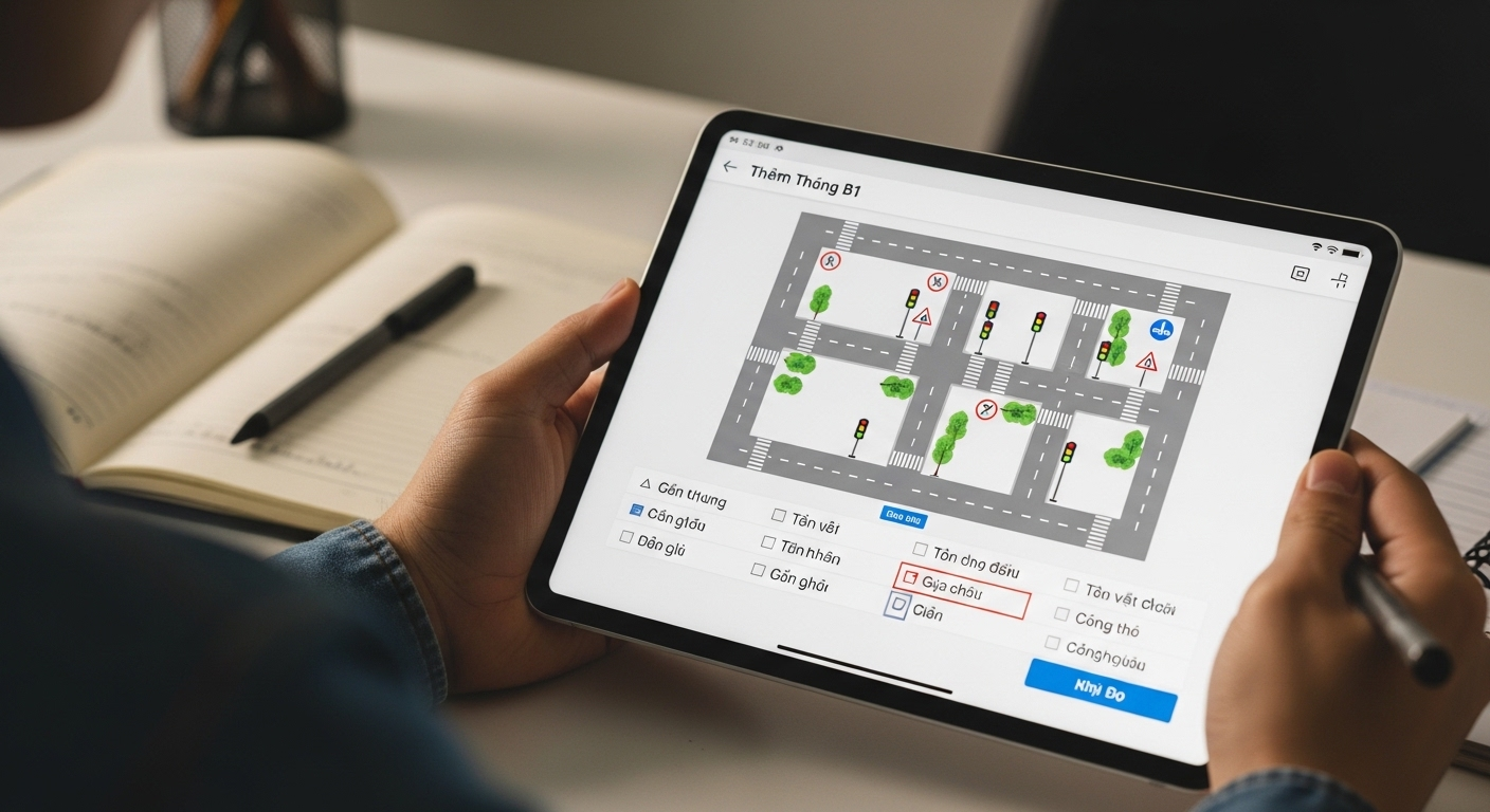 Bàn tay cầm máy tính bảng hiển thị ứng dụng ôn luyện thi lý thuyết lái xe B1, với sơ đồ giao thông và câu hỏi trắc nghiệm trên màn hình.