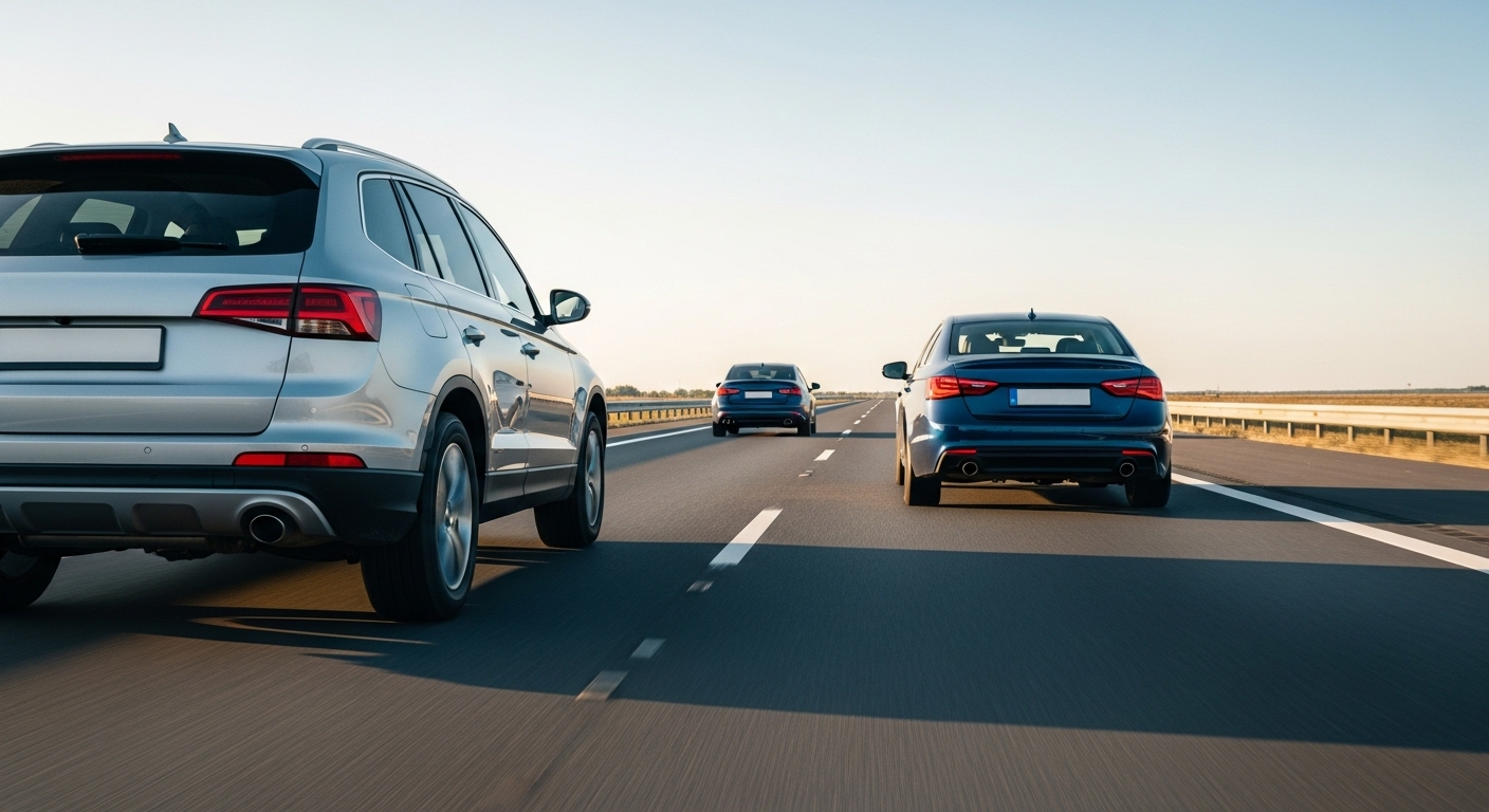Hai ô tô giữ khoảng cách an toàn trên đường cao tốc, minh họa thực tế về mẹo thi lý thuyết GPLX quan trọng.
