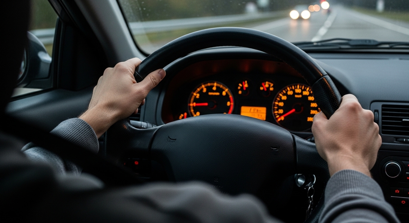 tay đặt trên vô lăng đen, dây an toàn thắt chặt, bảng điều khiển sáng đèn. Hình ảnh gợi nhắc các mẹo thi bằng lái xe ô tô giúp bạn tự tin sau tay lái.