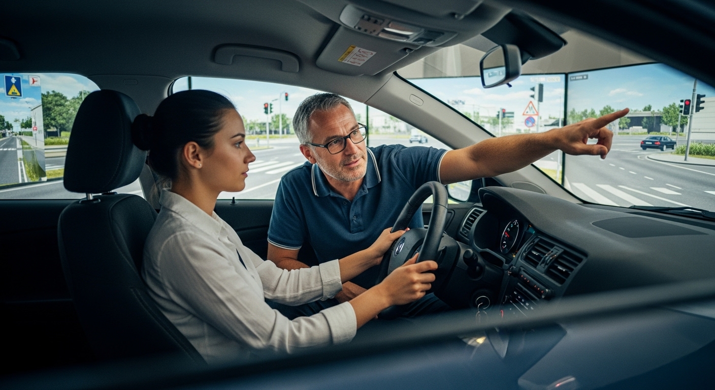 Giáo viên hướng dẫn học viên thực hành trong cabin học lái xe ô tô, chỉ dẫn chi tiết trên màn hình mô phỏng khi học viên chú tâm cầm vô lăng. Giáo viên hướng dẫn học viên thực hành trong cabin học lái xe ô tô, chỉ dẫn chi tiết trên màn hình mô phỏng khi học viên chú tâm cầm vô lăng.