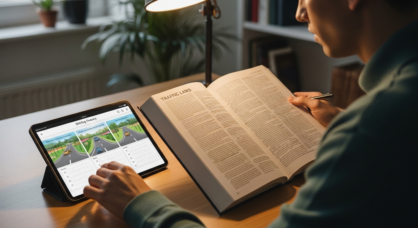 Người học ôn luyện bộ đề thi bằng lái xe mới qua sách luật giao thông và ứng dụng tương tác trên máy tính bảng.