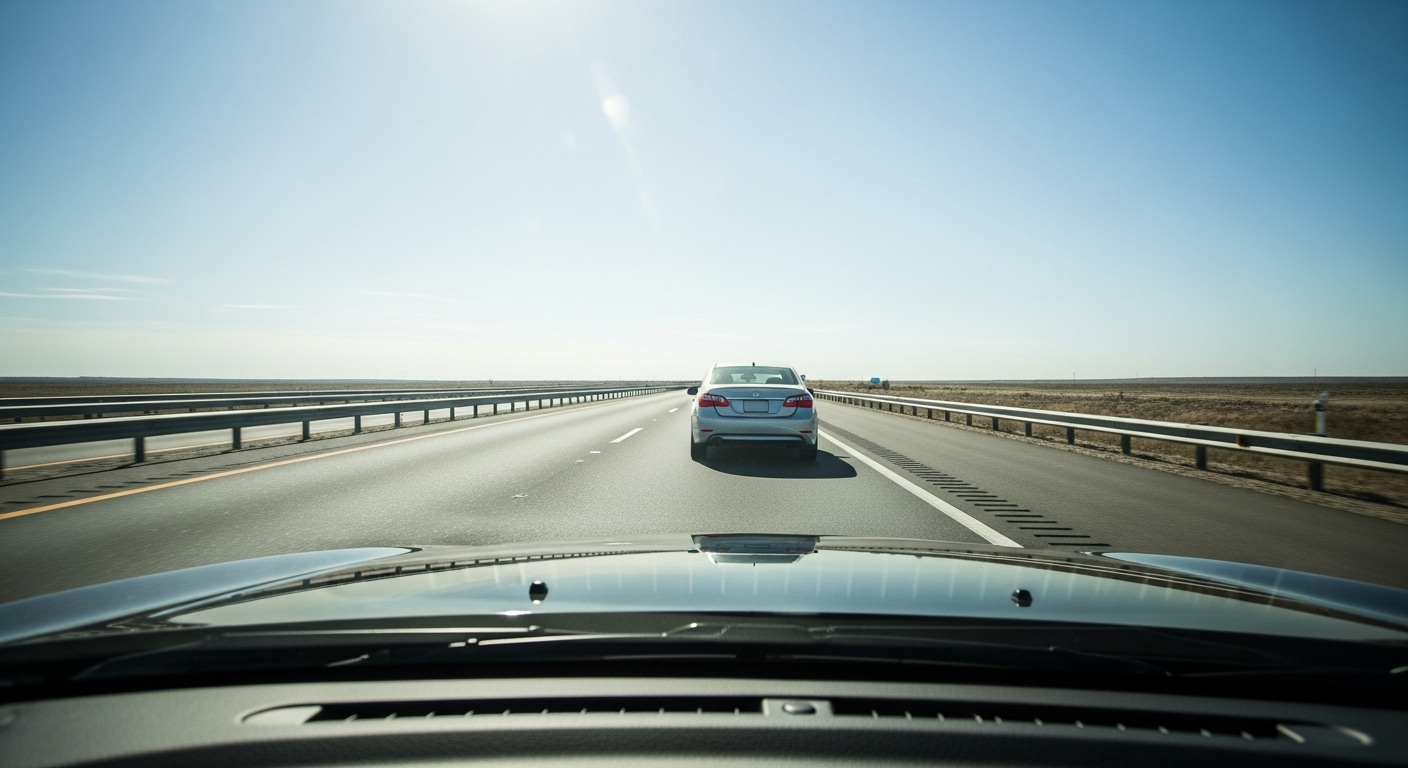 Xe ô tô giữ khoảng cách an toàn với phương tiện phía trước trên đường cao tốc thẳng tắp, trời quang đãng. Minh họa kinh nghiệm lái xe an toàn cho người mới lái.