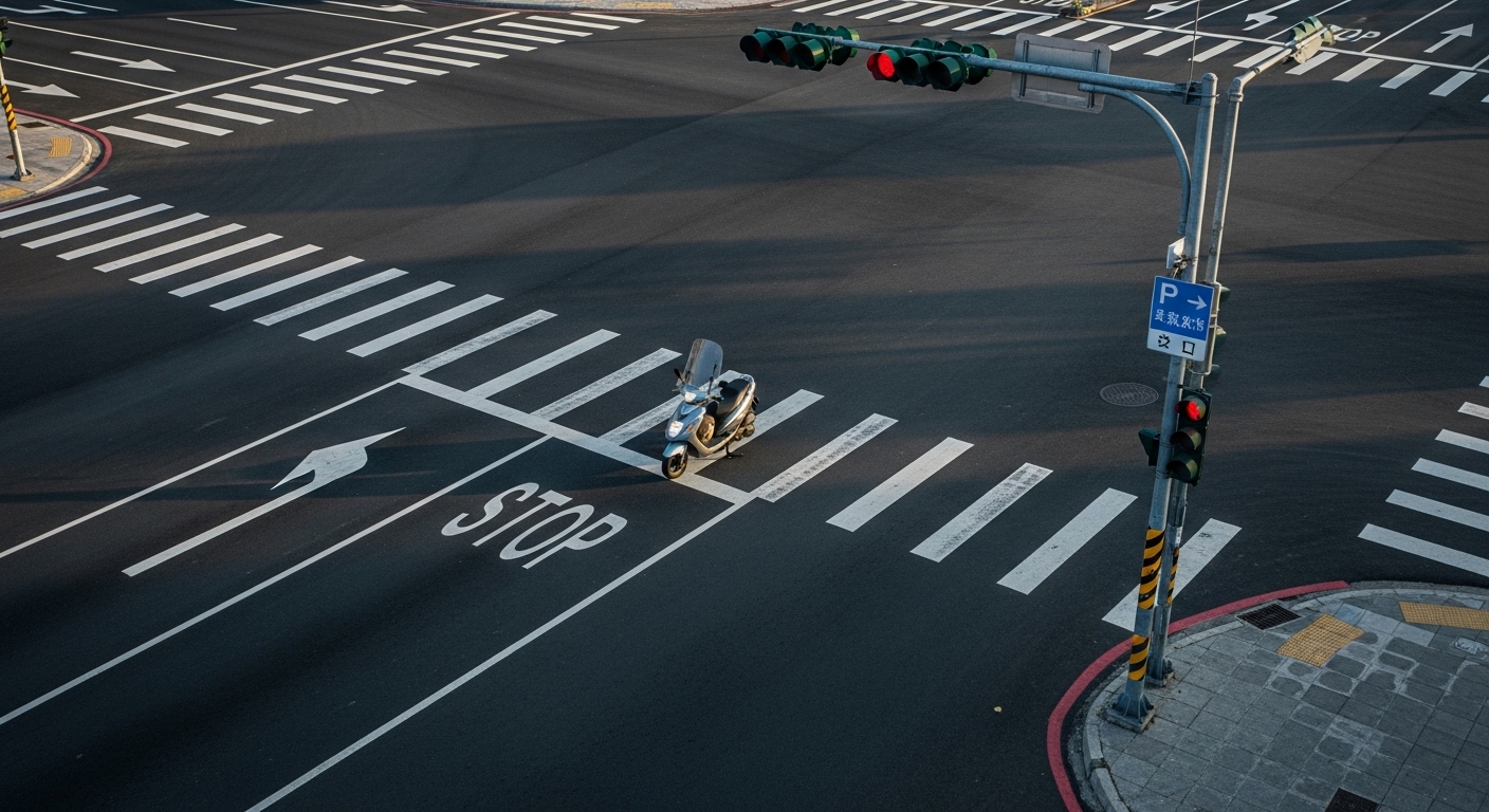 Ngã tư đường sạch, rõ ràng với xe máy di chuyển đúng làn. Minh họa lý tưởng các mẹo học bằng lái xe máy và cách tuân thủ luật giao thông.