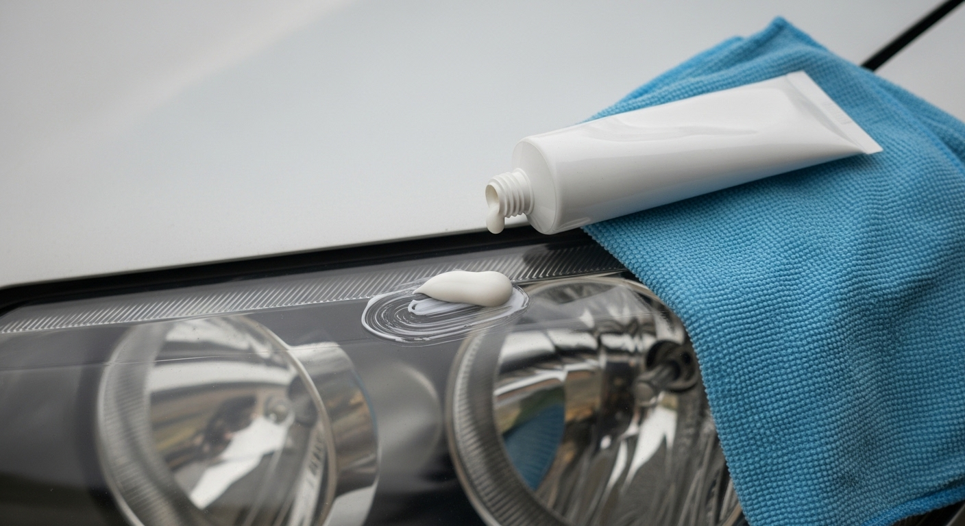 Đèn pha xe bị ố vàng, kem đánh răng và khăn mềm đặt cạnh, sẵn sàng phục hồi độ trong.