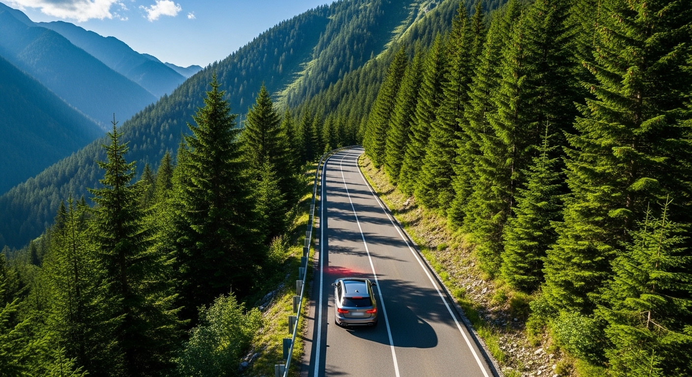 Ảnh từ trên cao xe ô tô đang nhẹ nhàng xuống đường núi quanh co, đèn phanh sáng mờ thể hiện kỹ thuật phanh xe được kiểm soát để đảm bảo an toàn trên dốc. Xung quanh là cây xanh tươi tốt dưới trời quang đãng.