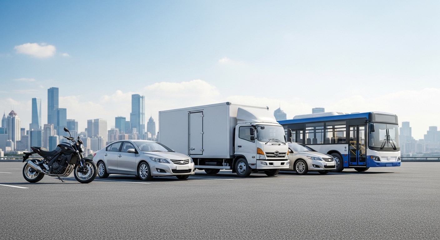 Dàn phương tiện đa dạng gồm xe máy, ô tô con, xe tải và xe buýt, đại diện cho các hạng giấy phép lái xe khác nhau, đỗ gọn gàng trên bãi asphalt dưới ánh nắng ban ngày, với đường chân trời thành phố mờ ảo phía xa.