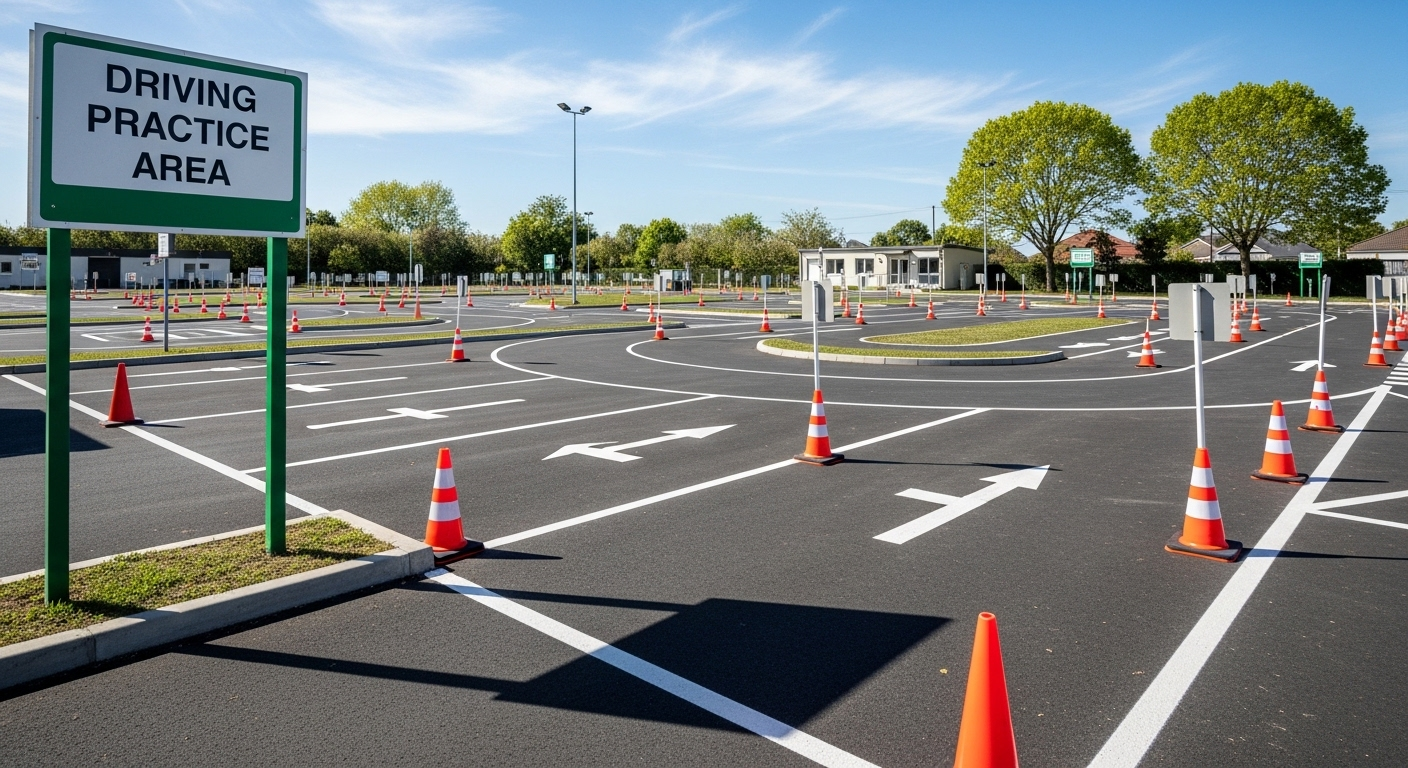 Sân tập lái xe trống, sạch đẹp với vạch kẻ và cọc tiêu dưới nắng, nơi rèn luyện kỹ năng để lấy giấy phép lái xe, và kiến thức về cách tra cứu giấy phép lái xe thật giả cũng rất quan trọng. Sân tập lái xe trống, sạch đẹp với vạch kẻ và cọc tiêu dưới nắng, nơi rèn luyện kỹ năng để lấy giấy phép lái xe, và kiến thức về cách tra cứu giấy phép lái xe thật giả cũng rất quan trọng.