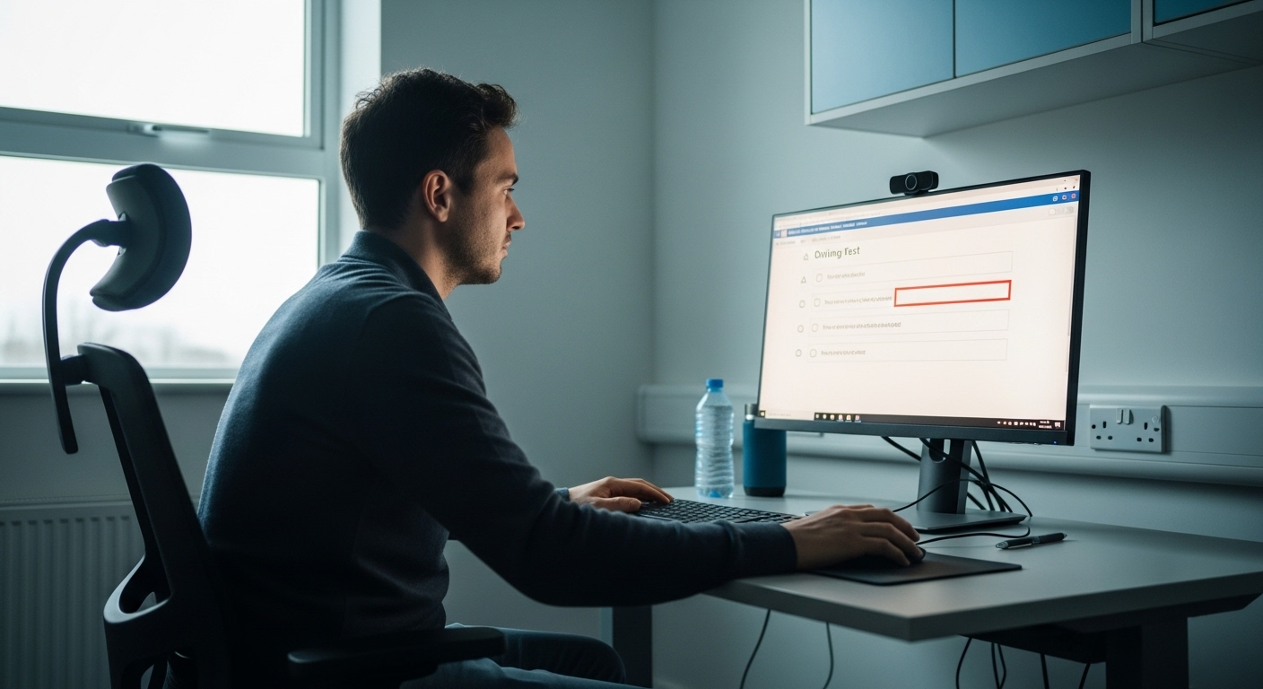 Thí sinh đang tập trung làm bài thi lý thuyết bằng lái xe máy A1 trên máy tính trong phòng thi hiện đại. Áp dụng các mẹo thi lý thuyết bằng lái xe máy A1 để vượt qua kỳ thi.