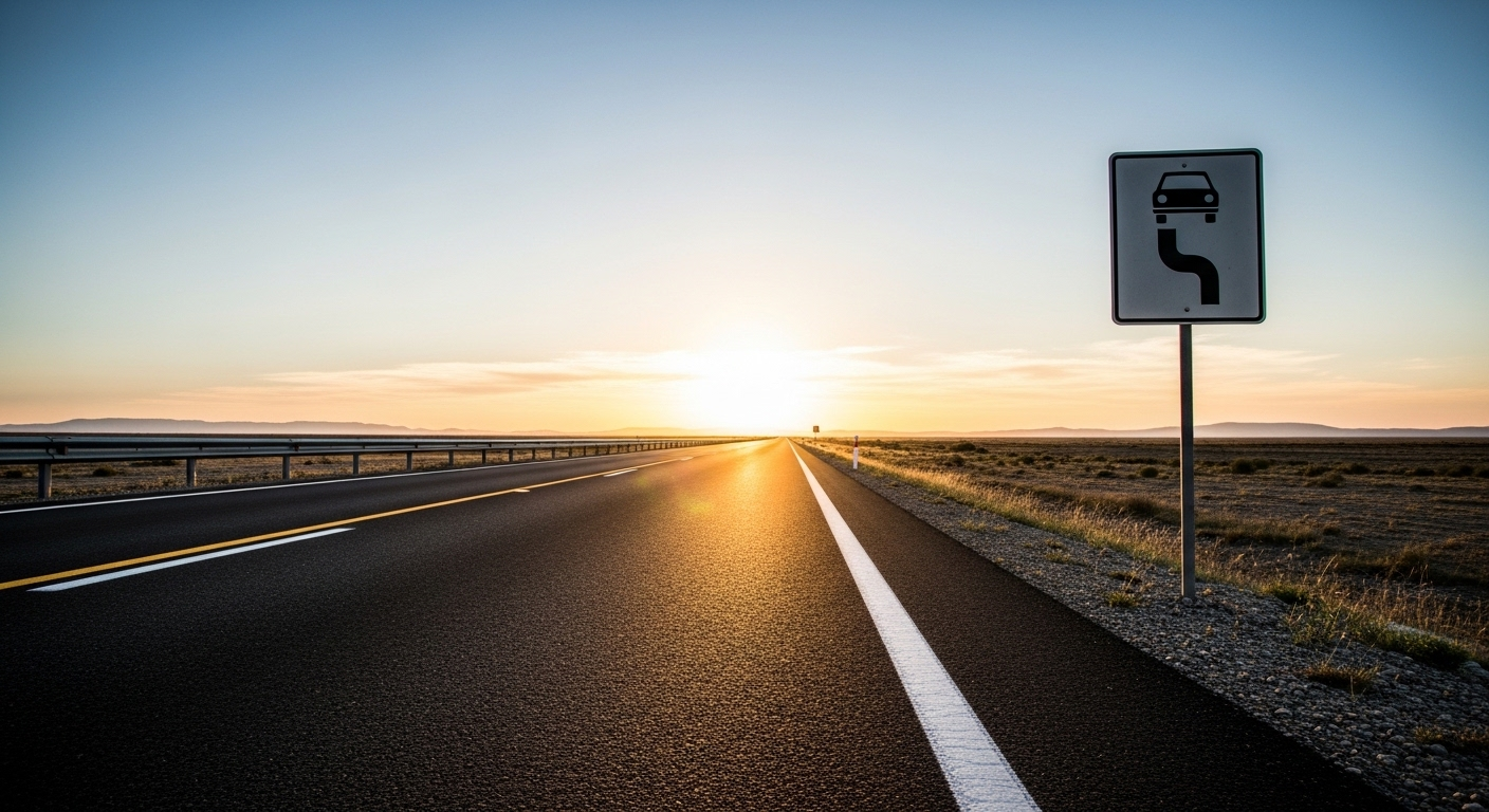 Con đường nhựa rộng, vắng vẻ với vạch kẻ rõ nét và biển báo giao thông dưới bầu trời trong xanh, gợi nhớ về các quy định độ tuổi và sức khỏe học lái xe cần thiết để tham gia giao thông an toàn.