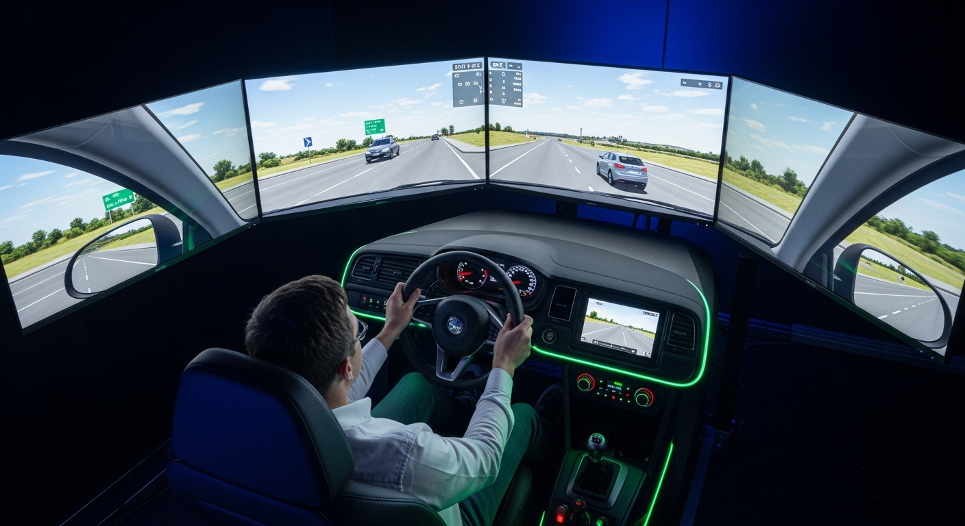 Học viên tập lái xe B2 trong cabin mô phỏng hiện đại, luyện các thao tác cơ bản trên vô lăng ảo. Hình ảnh này giúp bạn hình dung một phần quá trình khi tìm hiểu học bằng lái xe B2 bao nhiêu tiền.