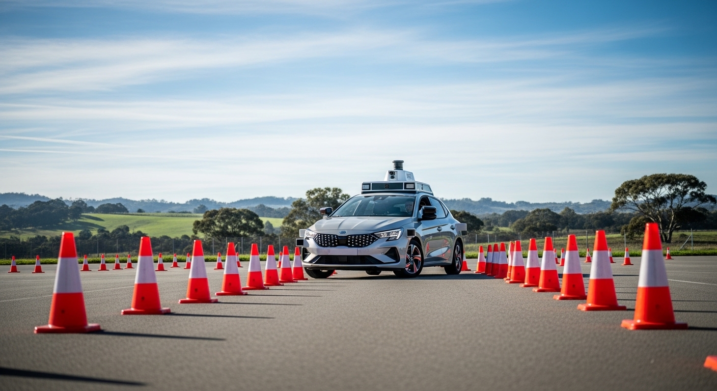 Xe tập lái tự động trên sân tập sa hình với cọc tiêu cam, minh họa quá trình học bằng lái xe B1 bao nhiêu tiền.