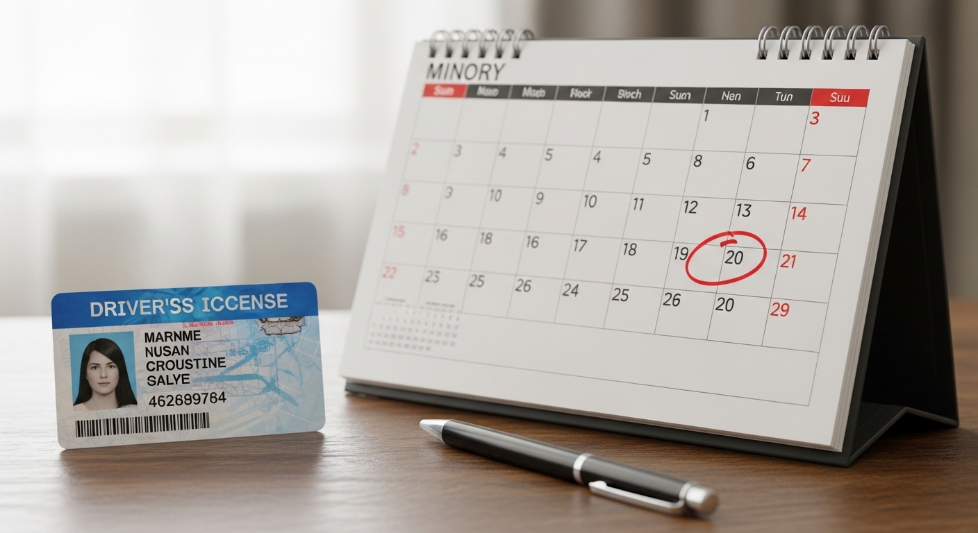 Bằng lái xe đặt cạnh lịch bàn với ngày được khoanh tròn đỏ, nhắc nhở về thời hạn đổi bằng lái xe sắp tới.