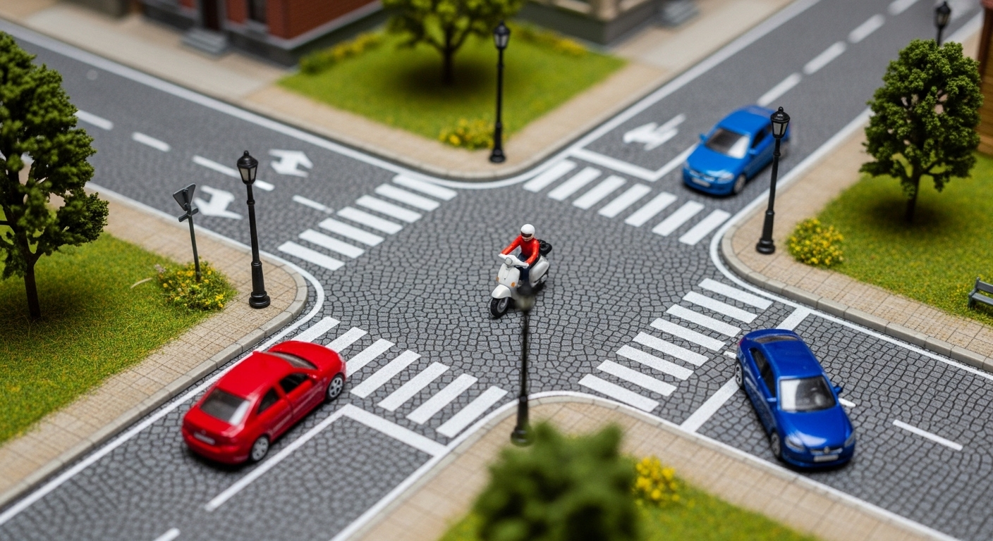 Mô hình ngã tư không đèn tín hiệu minh họa quy tắc nhường đường cho xe máy và ô tô, cung cấp mẹo thi lý thuyết bằng lái xe máy A1 hiệu quả.