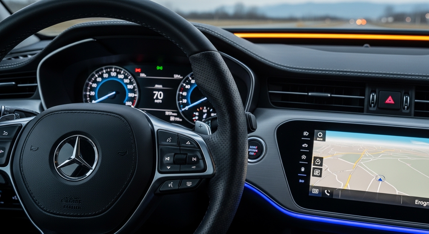 Nội thất xe ô tô hiện đại với vô lăng, bảng đồng hồ và các nút điều khiển chi tiết. Đây là kiến thức cơ bản cần nắm vững khi học và làm bộ đề thi sát hạch lái xe ô tô 600 câu.