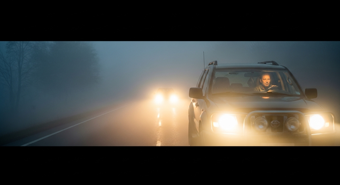 Xe ô tô di chuyển cẩn thận trên đường sương mù dày đặc, đèn pha và đèn sương mù sáng rõ, giữ khoảng cách an toàn với xe phía trước. Hành vi lái xe phòng thủ này là điều cốt yếu, tương tự các tình huống được đề cập trong 60 câu hỏi điểm liệt lái xe ô tô. Xe ô tô di chuyển cẩn thận trên đường sương mù dày đặc, đèn pha và đèn sương mù sáng rõ, giữ khoảng cách an toàn với xe phía trước. Hành vi lái xe phòng thủ này là điều cốt yếu, tương tự các tình huống được đề cập trong 60 câu hỏi điểm liệt lái xe ô tô.